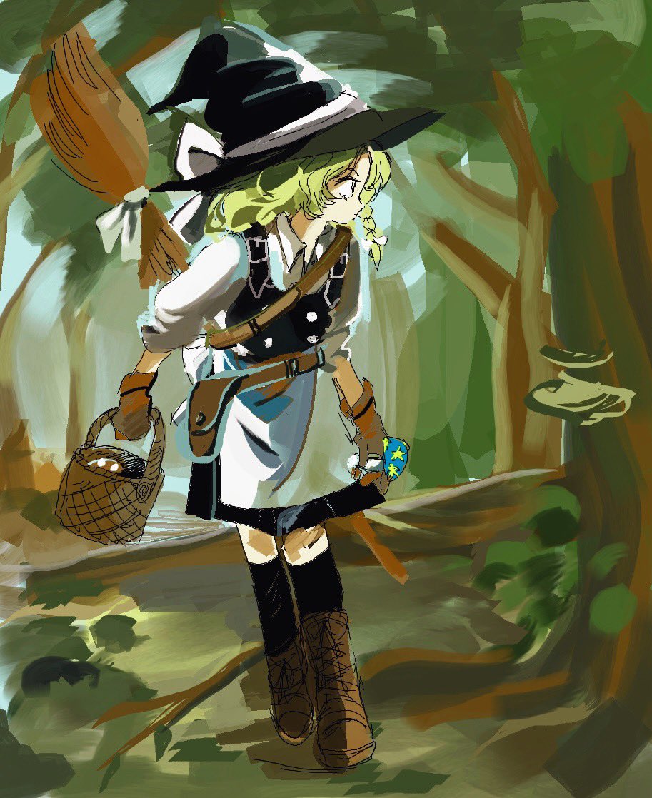 1girl, 6osquet, apron, basket, belt_pouch, black_hat, black_skirt, blonde_hair