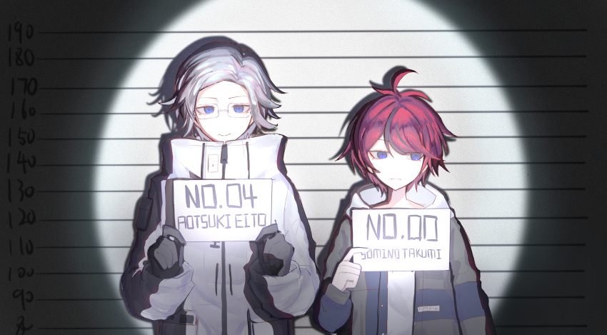 2boys, absurdres, ahoge, aotsuki_eito, black_gloves, black_streaks, blue_eyes, blue_jacket