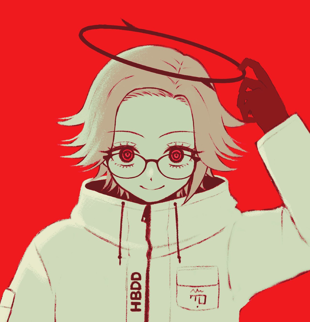 1boy, adjusting_halo, aotsuki_eito, black_gloves, black_halo, black_sclera, breast_pocket, colored_sclera