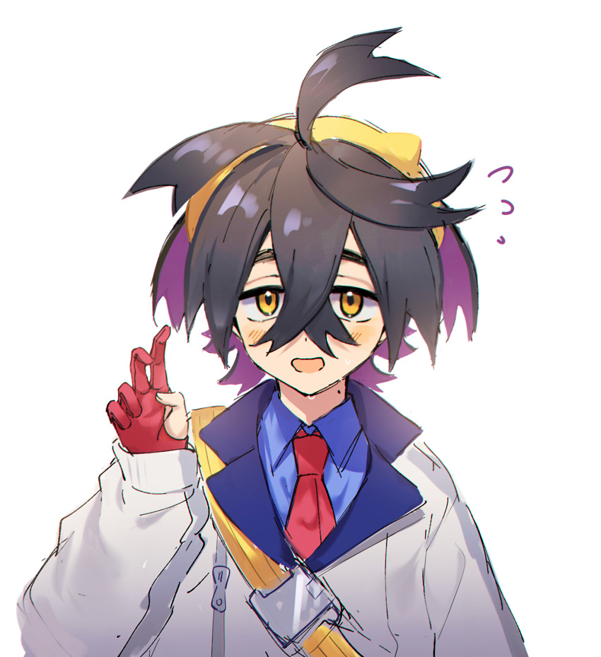 1boy, ahoge, black_hair, blue_shirt, blush, collared_shirt, commentary_request, crossed_bangs, flying_sweatdrops, gloves, hair_between_eyes, hairband, highres, jacket, kieran_(pokemon), long_sleeves, looking_at_viewer, male_focus, mole, mole_on_neck, necktie, nervous, open_mouth, partially_fingerless_gloves, pokemon, pokemon_sv, red_gloves, red_necktie, rukall, shirt, solo, sweat, upper_body, yellow_eyes, yellow_hairband