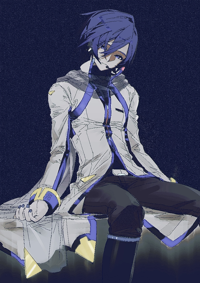 1boy, belt_buckle, beret_cj, black_boots, black_pants, black_shirt, blue_eyes, blue_hair