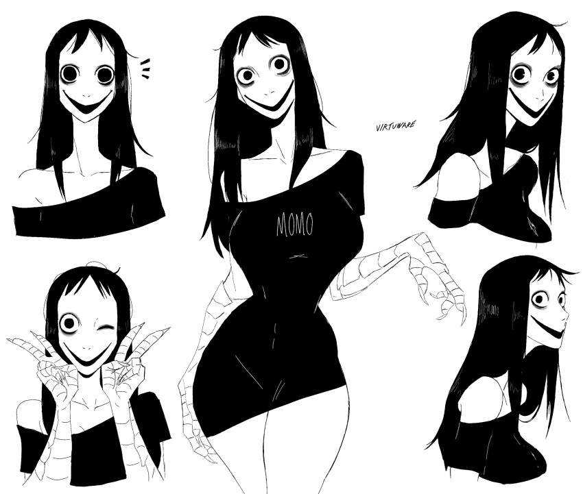 1girl, bags_under_eyes, black_eyes, black_hair, black_shirt, breasts, creepy_eyes, creepypasta, double_v, english_text, highres, large_breasts, long_hair, looking_at_viewer, momo_(creepypasta), monster_girl, multiple_views, no_eyebrows, no_pants, one_eye_closed, shirt, single_bare_shoulder, smile, talons, v, virtuware, wide-eyed