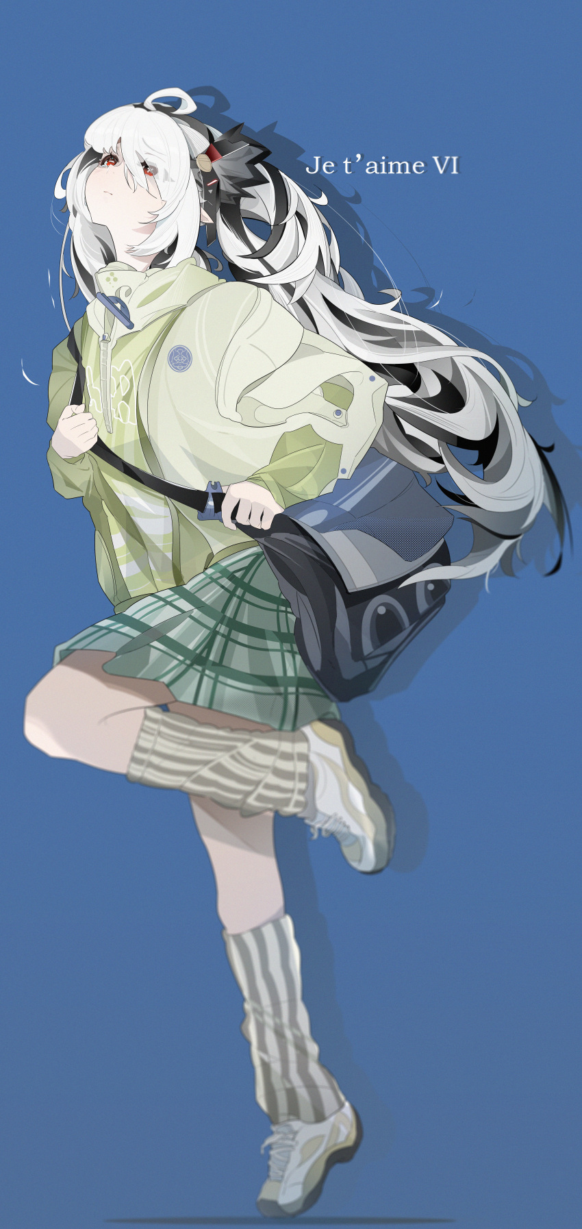 1girl, absurdres, ahoge, alternate_costume, bag, black_hair, blue_background, checkered_clothes