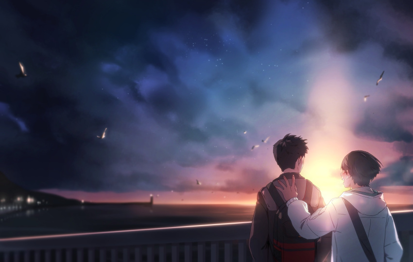 2boys, absurdres, backpack, bad_id, bad_pixiv_id, bag, bird, black_hair