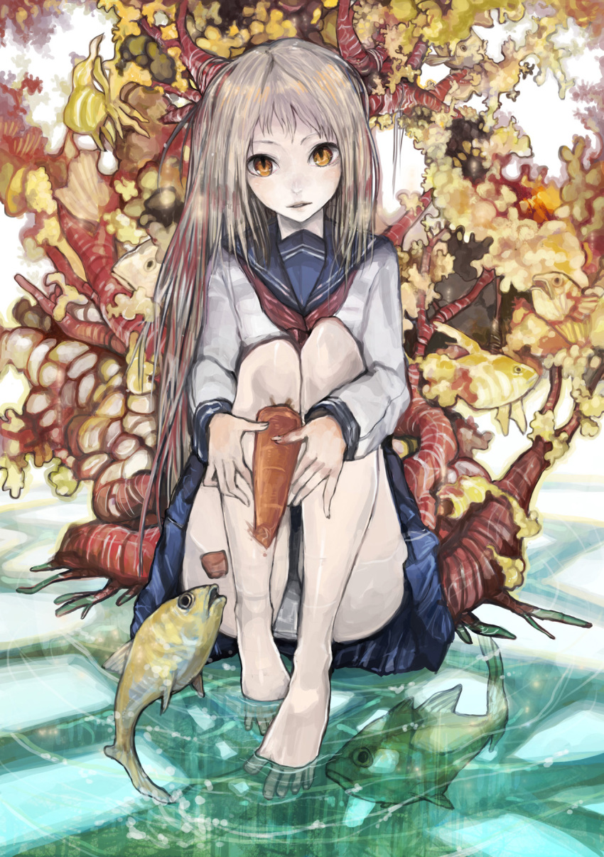 barefoot, blonde_hair, carrot, coral, danann, face, feet, feet_in_water