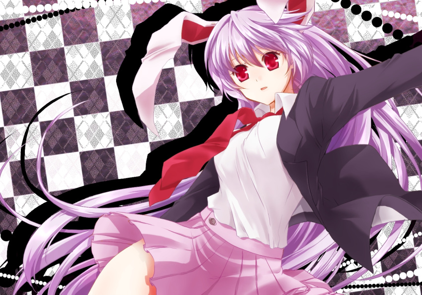 animal_ears, blazer, bunny_ears, checkered, checkered_background, lavender_hair, long_hair, momoiro