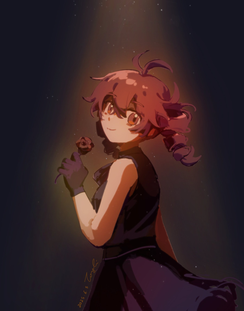 1girl, antenna_hair, arm_at_side, black_dress, black_gloves, breasts, closed_mouth, dress, drill_hair, encore_dance_(synthesizer_v), flower, gloves, hair_between_eyes, hand_up, highres, holding, holding_flower, kasane_teto, looking_at_viewer, looking_to_the_side, rainflowerstone, red_eyes, red_hair, rose, short_hair, signature, sleeveless, sleeveless_dress, small_breasts, smile, solo, spotlight, synthesizer_v, twin_drills, twintails, upper_body, utau