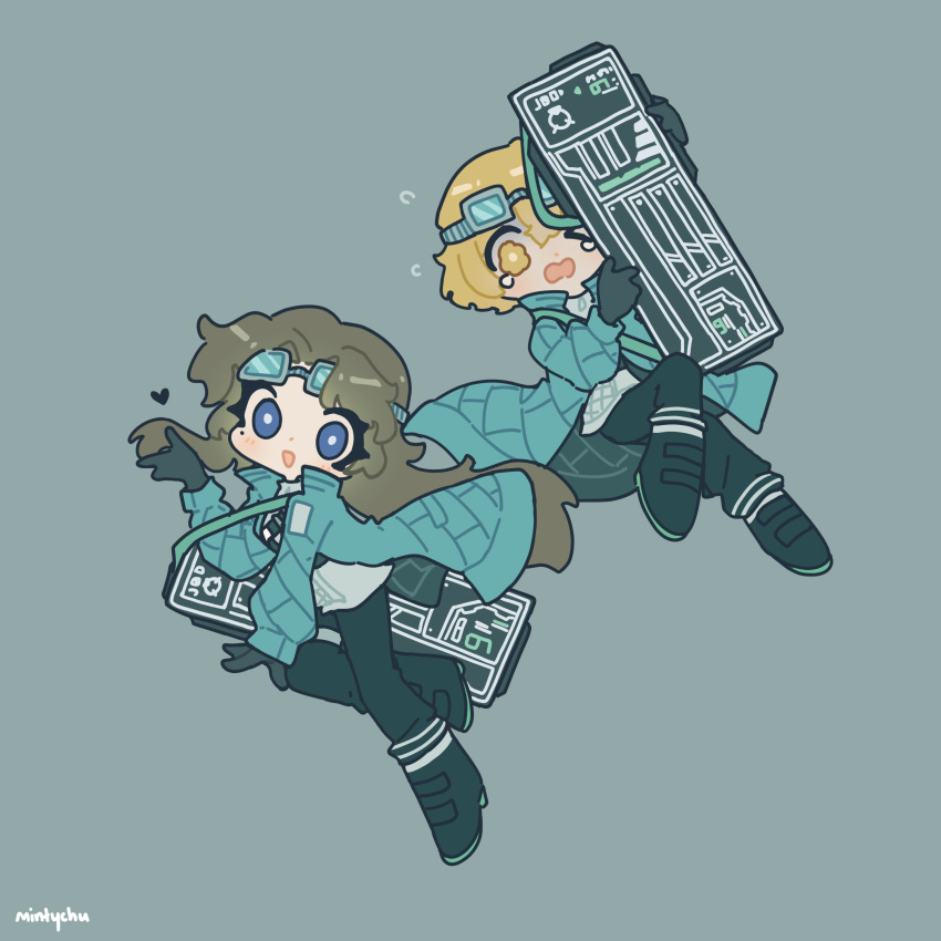 1boy, 1girl, :d, absurdres, aqua_background, aqua_coat, black_boots, black_gloves, black_pants, blonde_hair, blue_eyes, boots, brown_hair, chibi, coat, devyat'_association_north_uniform, don_quixote_(project_moon), full_body, gloves, goggles, goggles_on_head, heart, highres, holding_case, jacket, jacket_under_coat, limbus_company, long_hair, long_sleeves, looking_at_viewer, minty_chu, pants, project_moon, rodion_(project_moon), short_hair, simple_background, smile, standing, tearing_up, white_jacket, yellow_eyes