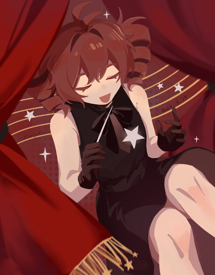 1girl, antenna_hair, bare_shoulders, black_dress, black_gloves, bow, bowtie, breasts