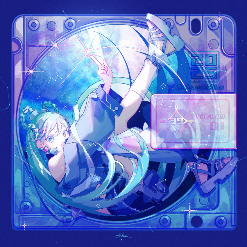 1girl, 39, 2025, :o, aqua_eyes, aqua_hair, arm_up, armpit_crease