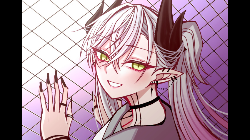 1girl, black_nails, chain-link_fence, cosplay, demon_horns, earrings, fate/grand_order, fate_(series)