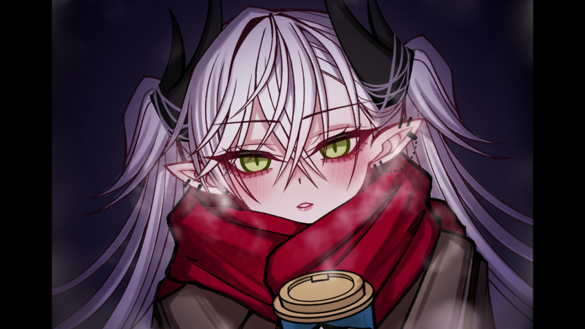 1girl, blush, brown_coat, coat, cosplay, cup, demon_horns, disposable_coffee_cup