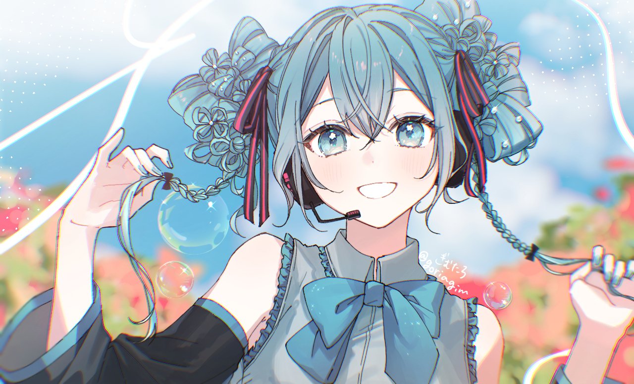 1girl, alternate_hairstyle, aqua_eyes, aqua_hair, aqua_nails, bare_shoulders, black_sleeves, blue_bow