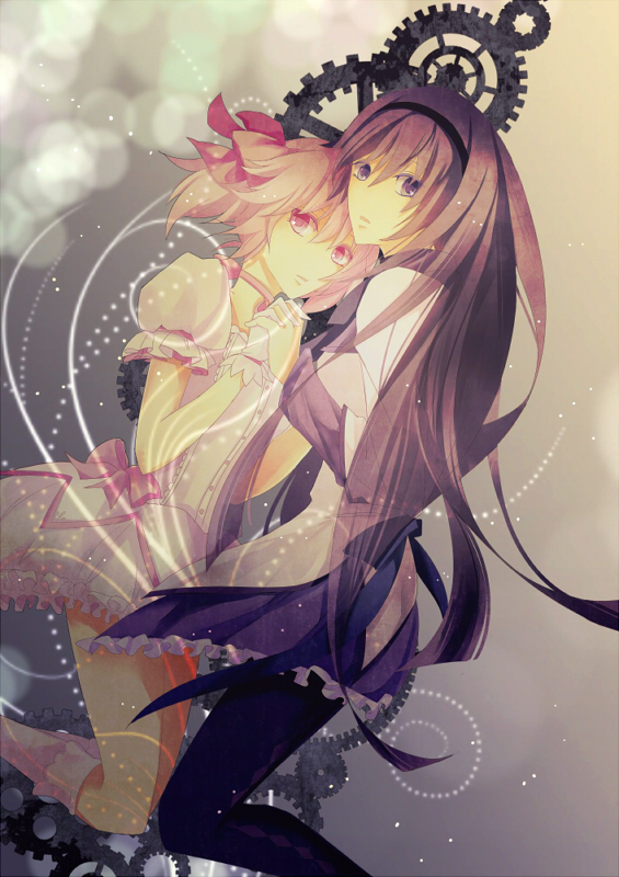 akemi_homura, bad_id, black_hair, black_legwear, bobby_socks, bow, bubble_skirt, choker