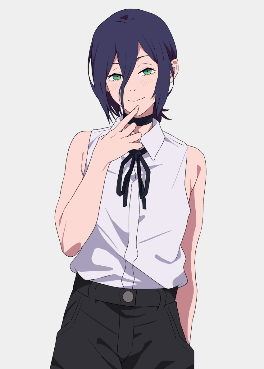 1girl, absurdres, black_choker, black_ribbon, black_shoes, blue_hair, chainsaw_man, choker
