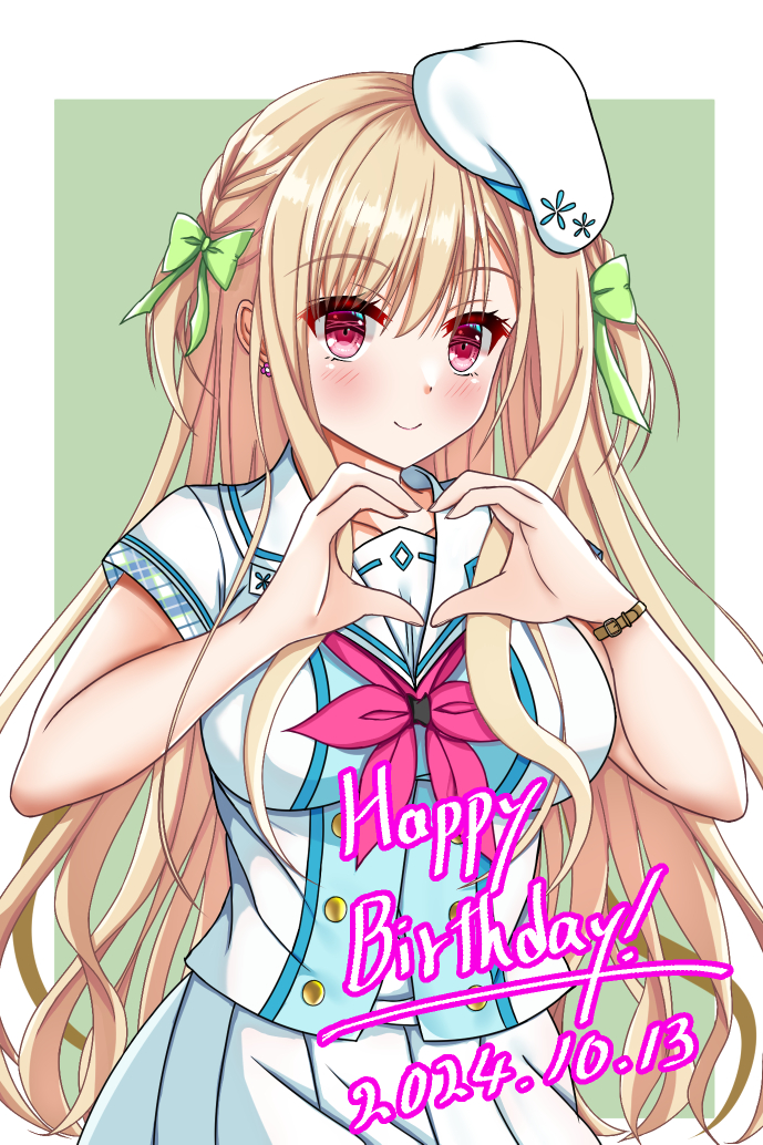 1girl, 2024, axl11hikari, beret, blonde_hair, blush, border, bow