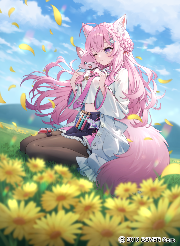 1girl, animal_ear_fluff, animal_ears, animal_on_shoulder, antenna_hair, belt, belt_pouch, black_pantyhose