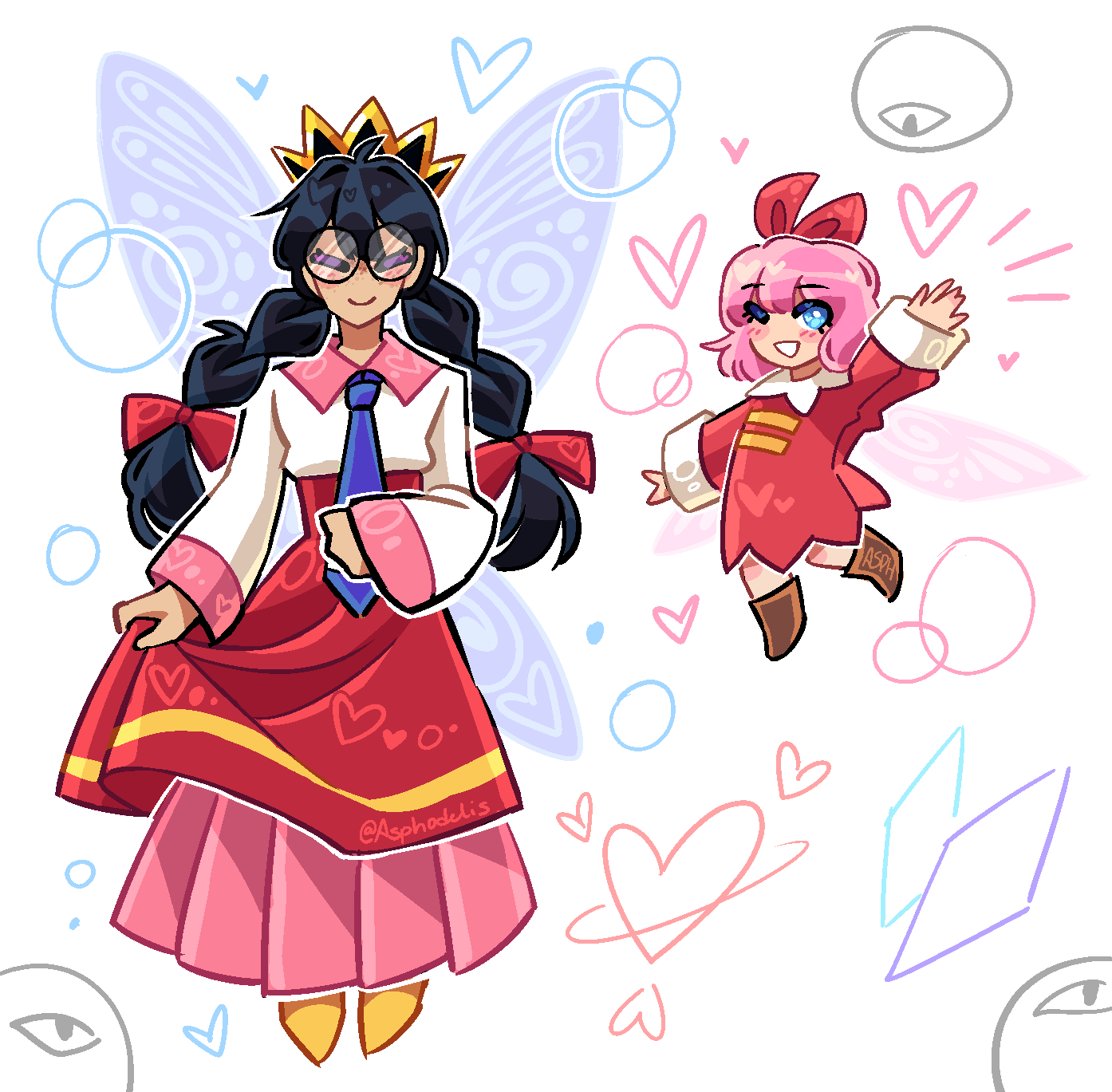 2girls, artist_name, asphodelis, black_hair, blue_eyes, bow, braid, closed_eyes, crown, dark_matter_trio, fairy, fairy_wings, hair_bow, highres, kirby_(series), kirby_64, long_hair, long_skirt, low_twin_braids, multiple_girls, one_eye_closed, pink_hair, pink_skirt, red_bow, ribbon_(kirby), ripple_star_queen, skirt, smile, twin_braids, wings
