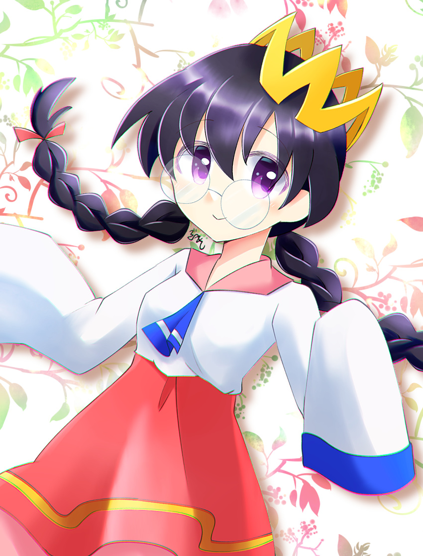 1girl, black_hair, braid, crown, dlllll_lllllb, floral_background, glasses, highres, kirby_(series), kirby_64, long_hair, looking_at_viewer, low_twin_braids, pink_skirt, ripple_star_queen, skirt, sleeves_past_fingers, sleeves_past_wrists, twin_braids, twintails, violet_eyes