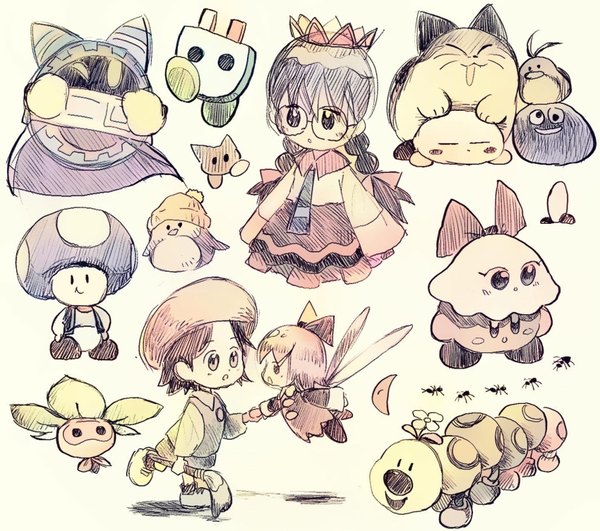 adeleine, beret, black_eyes, black_hair, blue_toad_(mario), bow, braid, chuchu_(kirby)