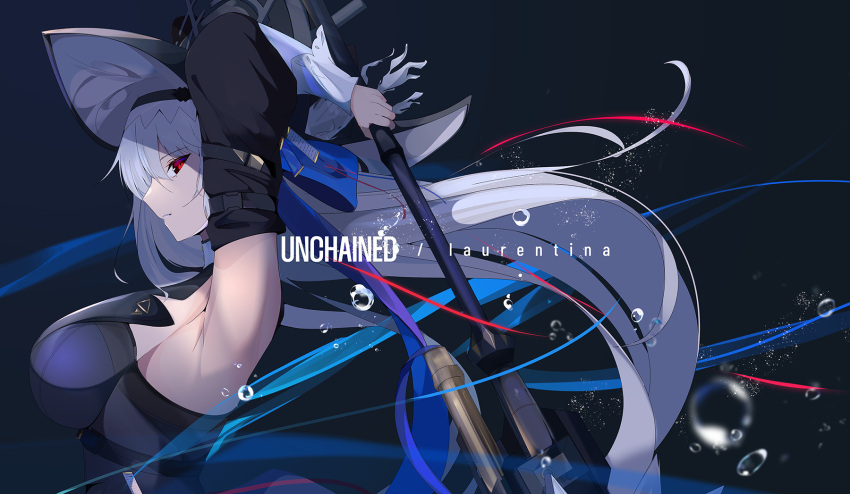 1girl, arknights, armpits, arms_up, black_dress, black_hat, breasts, character_name