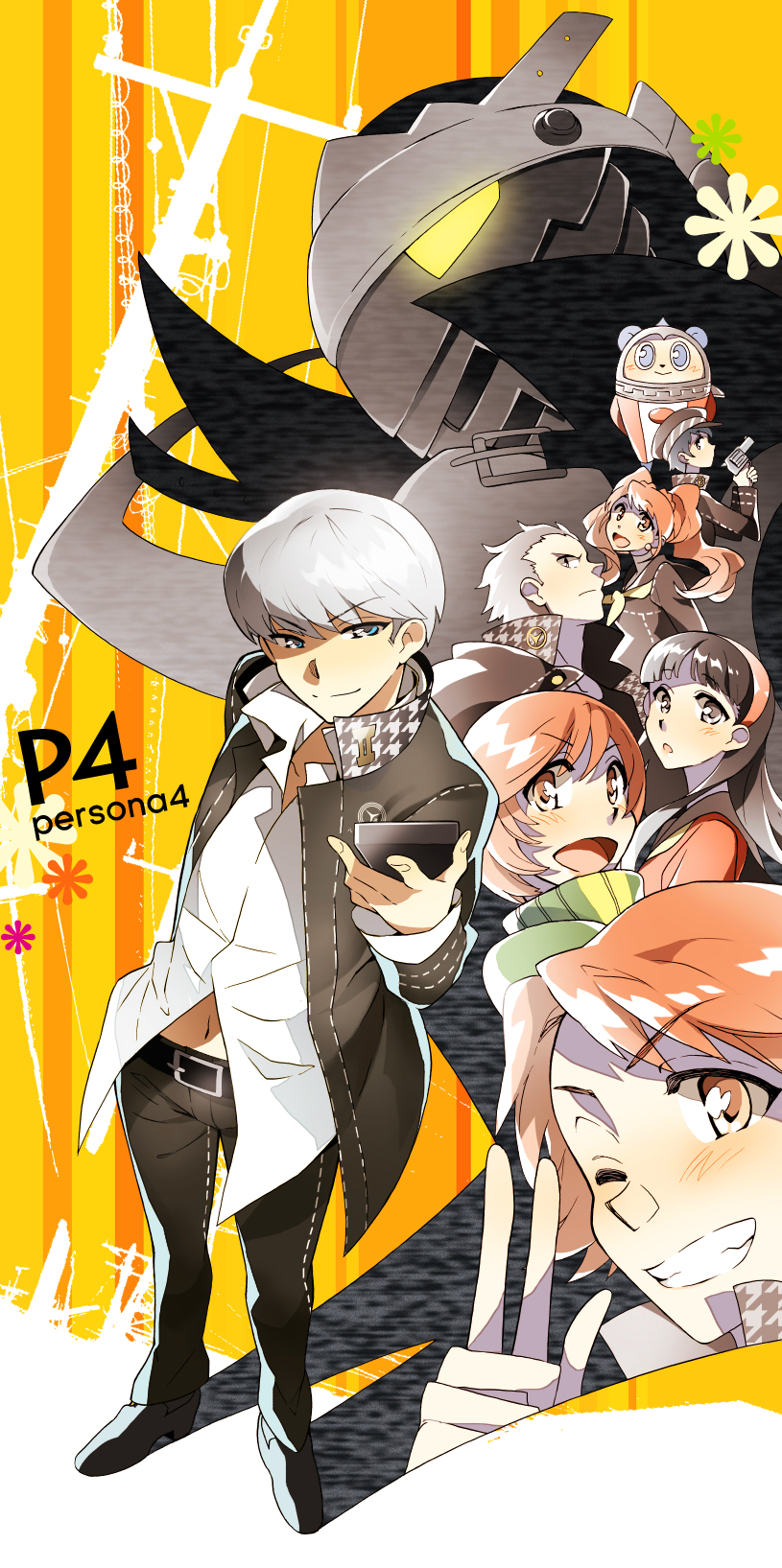 black_hair, blue_hair, brown_hair, grey_hair, hanamura_yousuke, hat, highres, izanagi, kujikawa_rise, kuma_(persona_4), narukami_yuu, persona, persona_4, red_hair, redhead, satonaka_chie, school_uniform, seta_souji, shirogane_naoto, tatsumi_kanji, xacco