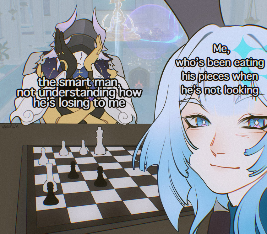 1boy, 1girl, armor, artist_name, blue_eyes, blue_hair, blunt_bangs, board_game, cerydra_(honkai:_star_rail), chess, chess_piece, chessboard, closed_mouth, crown, diamond-shaped_pupils, diamond_(shape), eating_the_chess_pieces_(meme), english_commentary, english_text, hands_on_own_face, hands_up, havvuch, highres, hologram, honkai:_star_rail, honkai_(series), horns, long_hair, looking_at_viewer, lygus_(honkai:_star_rail), mechanical_arms, meme, mini_crown, purple_hair, robot, short_hair, sidelocks, smile, symbol-shaped_pupils, table, white_armor