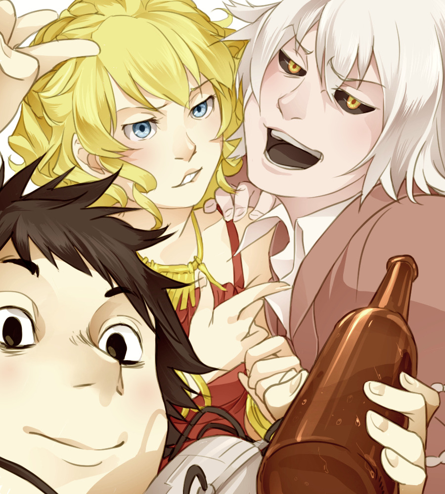 1girl, 2boys, alcohol, bare_shoulders, black_eyes, black_hair, black_sclera, black_tongue