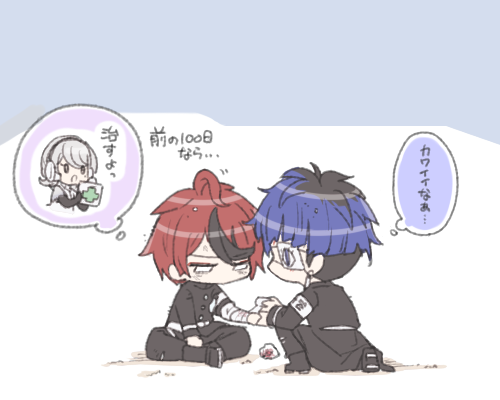 1girl, 2boys, ahoge, armband, bandaged_arm, bandages, belt, black_boots