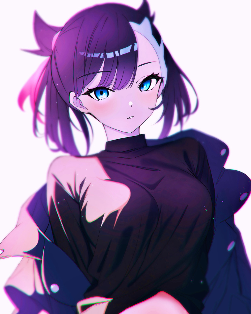 1girl, aged_up, asymmetrical_bangs, asymmetrical_hair, black_hair, black_jacket, black_shirt, blue_eyes