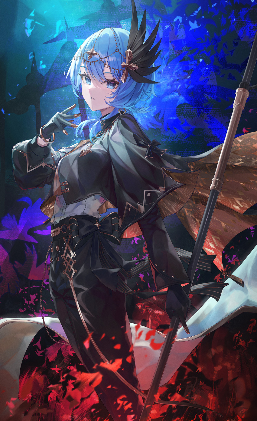 1girl, absurdres, atatatatame01, black_gloves, black_jacket, black_pants, blue_eyes, blue_hair