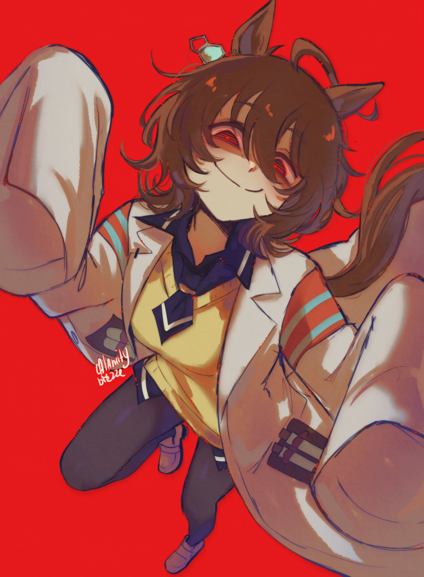 1girl, absurdres, agnes_tachyon_(umamusume), ahoge, animal_ears, black_necktie, brown_hair, calamity_brezze, closed_mouth, coat, highres, horse_ears, horse_girl, horse_tail, lab_coat, necktie, red_background, red_eyes, short_necktie, simple_background, sleeves_past_fingers, sleeves_past_wrists, smile, solo, sweater, tail, test_tube, umamusume, white_coat, yellow_sweater