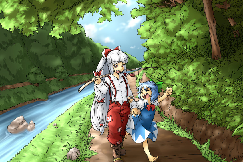arana_21, barefoot, blue_hair, cirno, closed_eyes, eyes_closed, fishing_rod, fujiwara_no_mokou