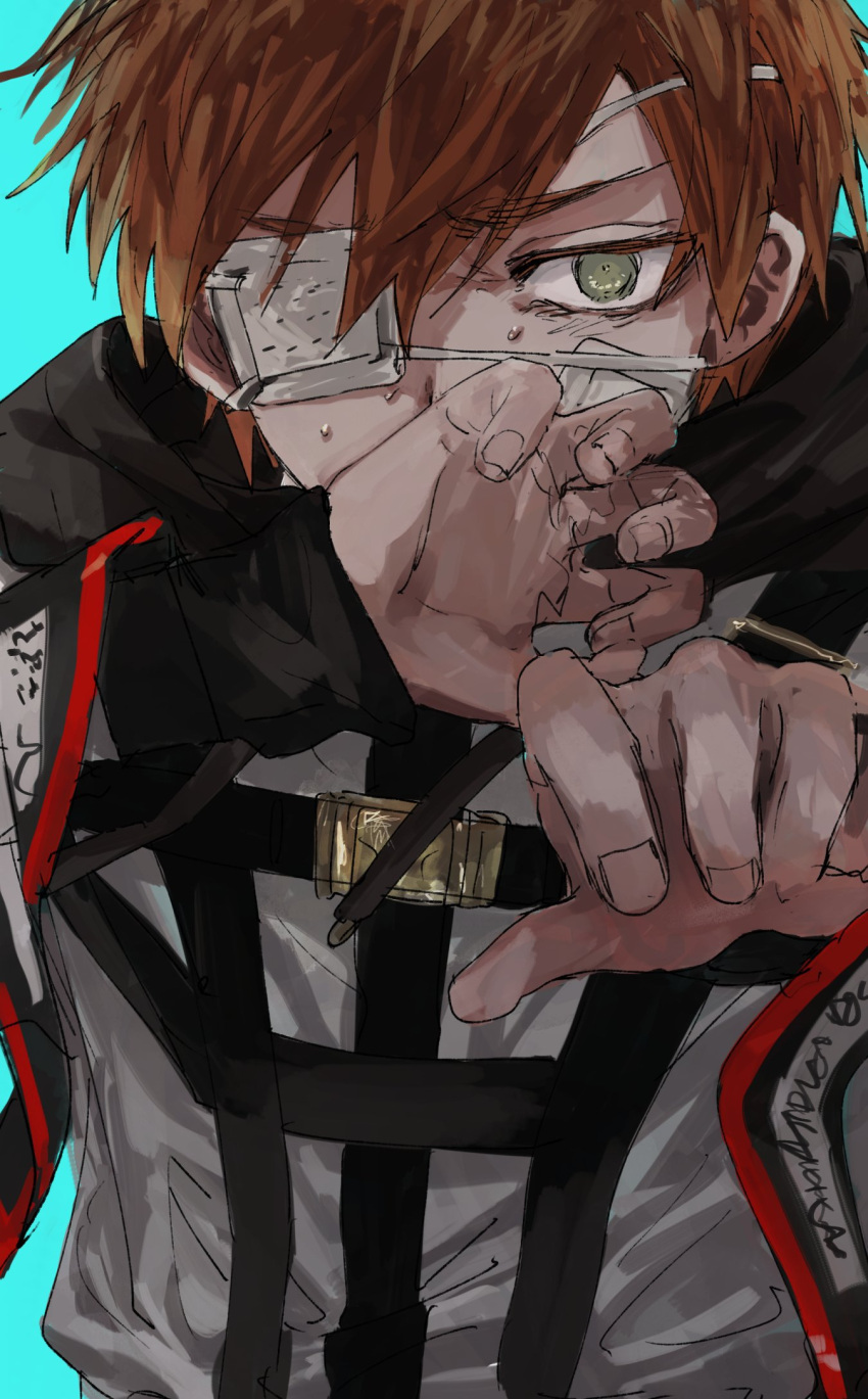 1boy, aqua_background, bandage_on_cheek, bandage_on_face, bandages, belt, black_hoodie, colored_eyelashes