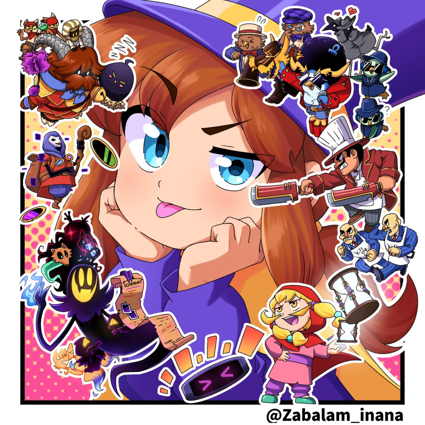 >_<, 3girls, 6+boys, :d, ?, a_hat_in_time, afro, apron