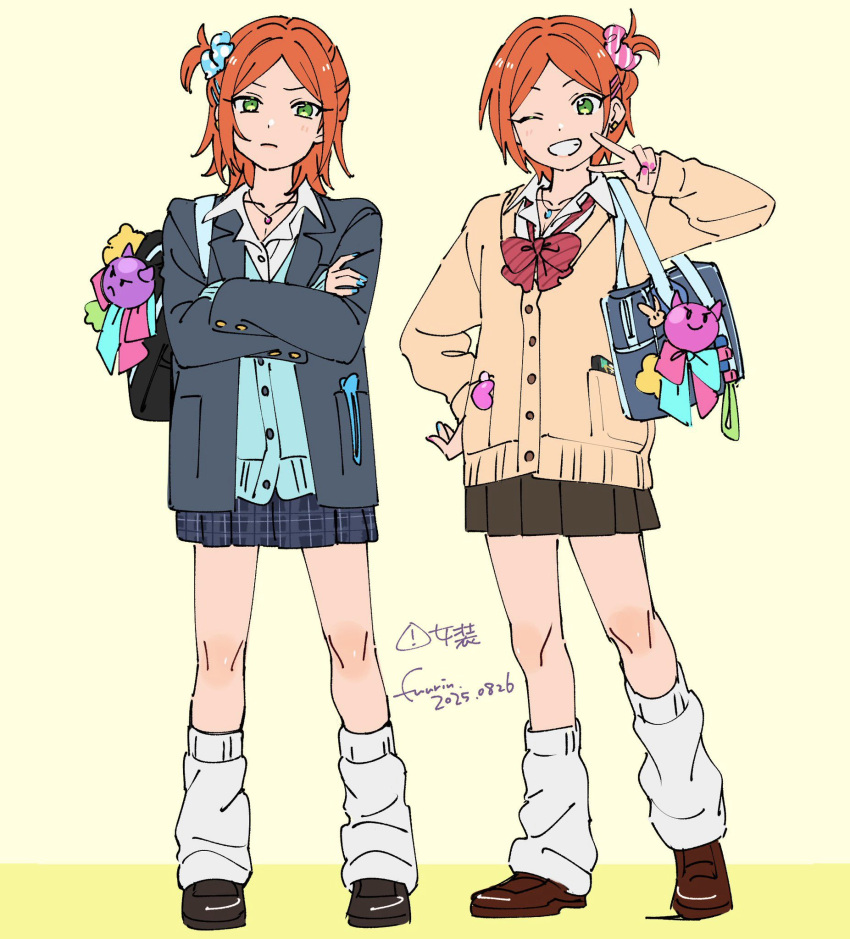 2boys, 2wink_(ensemble_stars!), aoi_hinata, aoi_yuta, bag, bag_charm, black_skirt, blazer, blue_cardigan, blue_skirt, bow, bowtie, brothers, cardigan, charm_(object), collared_shirt, crossdressing, crossdressing_(mtf), crossed_arms, ensemble_stars!, full_body, fuurin_(sior_fr), green_eyes, grey_jacket, grin, hair_ornament, hair_scrunchie, highres, jacket, jewelry, loafers, looking_at_viewer, loose_socks, male_focus, miniskirt, multiple_boys, nail_polish, necklace, one_eye_closed, one_side_up, orange_hair, plaid_clothes, plaid_skirt, pleated_skirt, red_bow, red_bowtie, school_bag, scrunchie, shirt, shoes, short_hair, shoulder_bag, siblings, skirt, smile, socks, trap, twins, v, white_shirt, yellow_cardigan