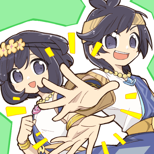 1boy, 1girl, :d, bead_necklace, beads, black_eyes, black_hair, blue_sash