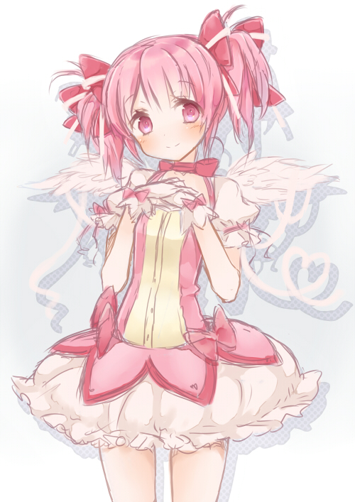 blush, bubble_skirt, choker, gloves, hands_on_own_chest, hands_to_chest, kaname_madoka, magical_girl