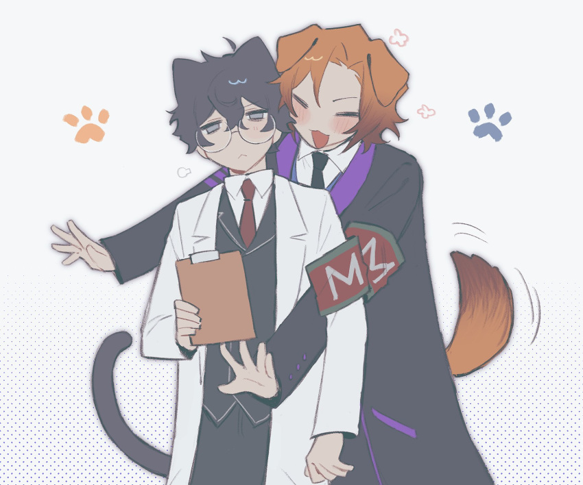 2boys, :<, animal_ears, armband, black_coat, black_pants, black_vest, blue_hair