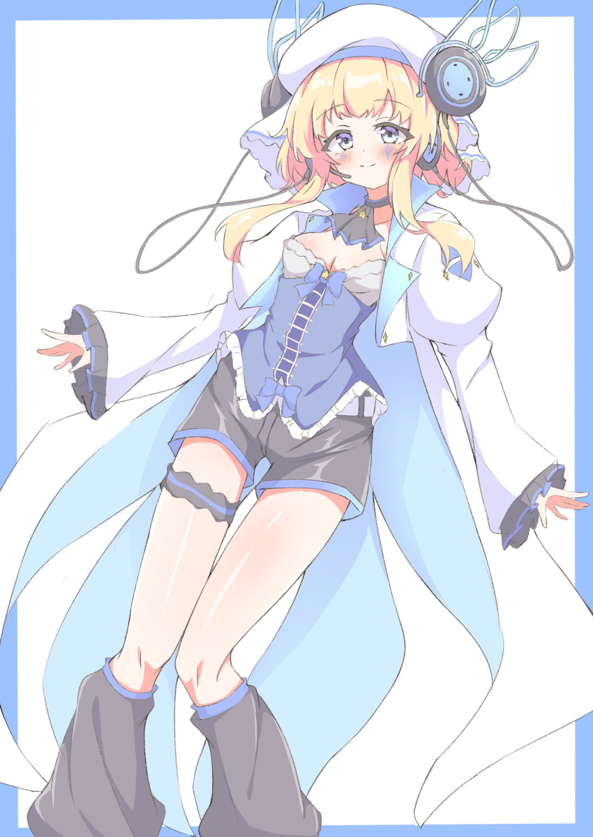 1girl, arcaea, beret, black_boots, black_shoes, black_shorts, blonde_hair, blue_bow, blue_eyes, blue_shirt, boots, bow, buttons, cable, cape, curly_hair, eto_(arcaea), facial_tattoo, frilled_sleeves, frilled_thighhighs, frills, full_body, gabu_g2, hat, highres, large_buttons, layered_skirt, long_sleeves, miniskirt, pleated_skirt, ribbon, scissors, shirt, shoes, short_hair, shorts, skirt, smile, solo, star_(symbol), star_tattoo, straight_hair, tattoo, thigh-highs, thigh_strap, white_bow, white_cape, white_hair, white_hat, wrist_cuffs