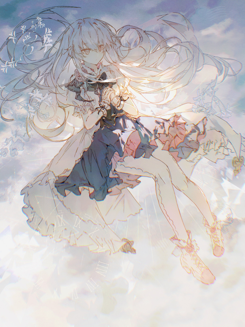 1girl, arcaea, black_bow, black_bowtie, black_dress, boots, bow, bowtie