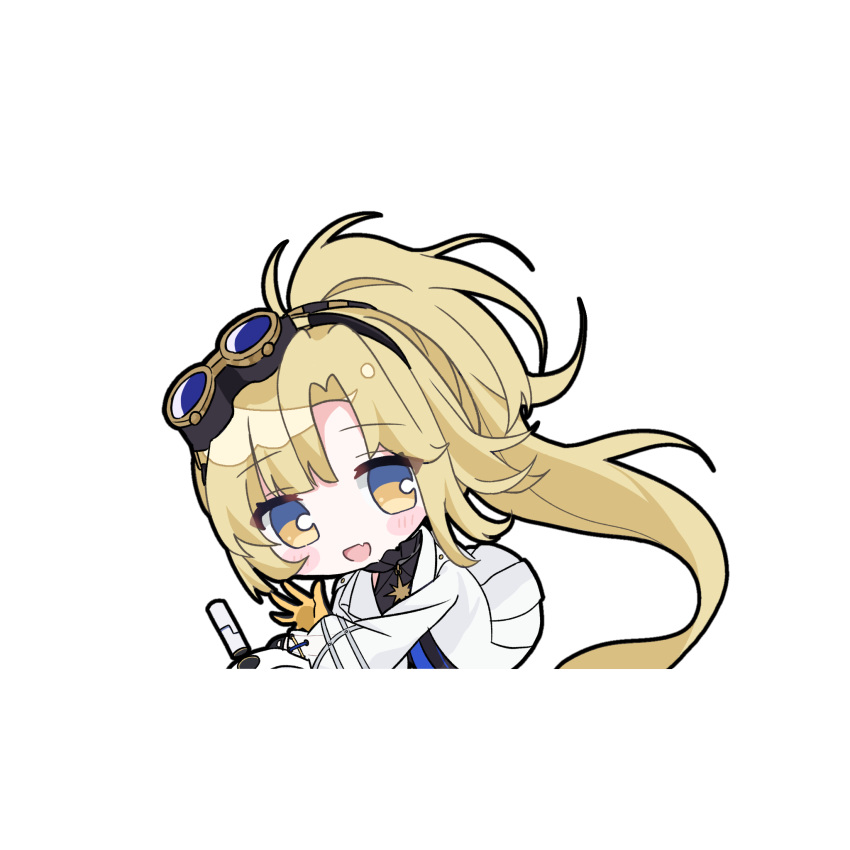 1girl, arcaea, black_shirt, blonde_hair, blue_eyes, breasts, chibi, curtained_hair