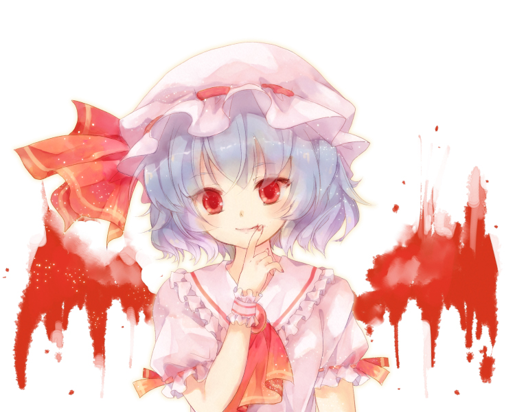 ascot, bad_id, blood, blood_wings, blue_hair, blush, brooch, bust