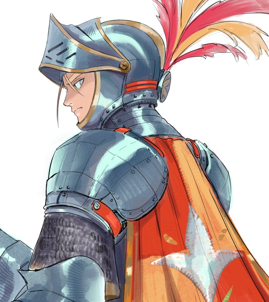 1boy, armor, blonde_hair, blue_eyes, cape, chainmail, closed_mouth, commentary