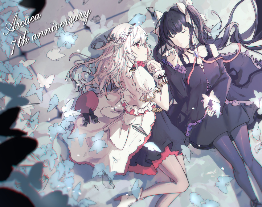 2girls, absurdres, ankle_lace-up, arcaea, bare_shoulders, black_bow, black_bowtie, black_dress