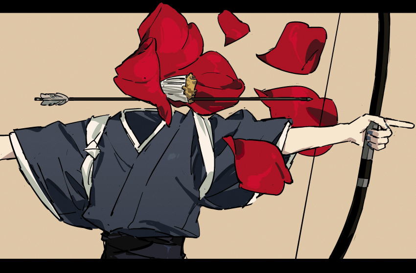 1boy, absurdres, archery, arrow_(projectile), black_kimono, bow_(weapon), brown_background, flower