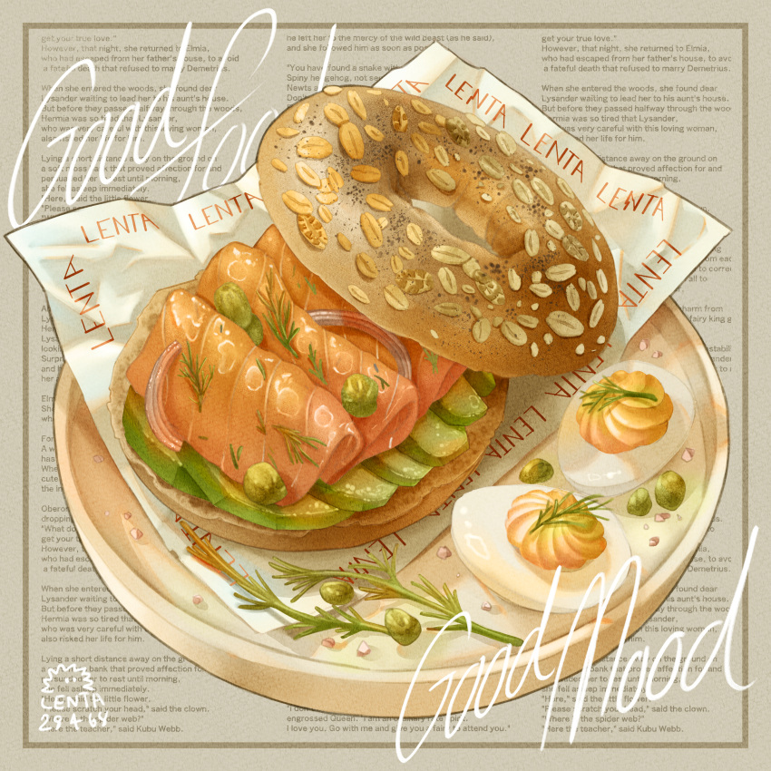 absurdres, artist_name, avocado, avocado_slice, bagel, bagel_sandwich, bread, english_commentary