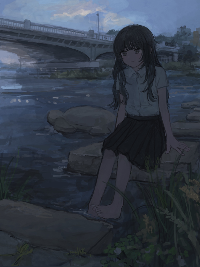 1girl, 62_retas, absurdres, barefoot, black_hair, black_skirt, bridge, closed_mouth
