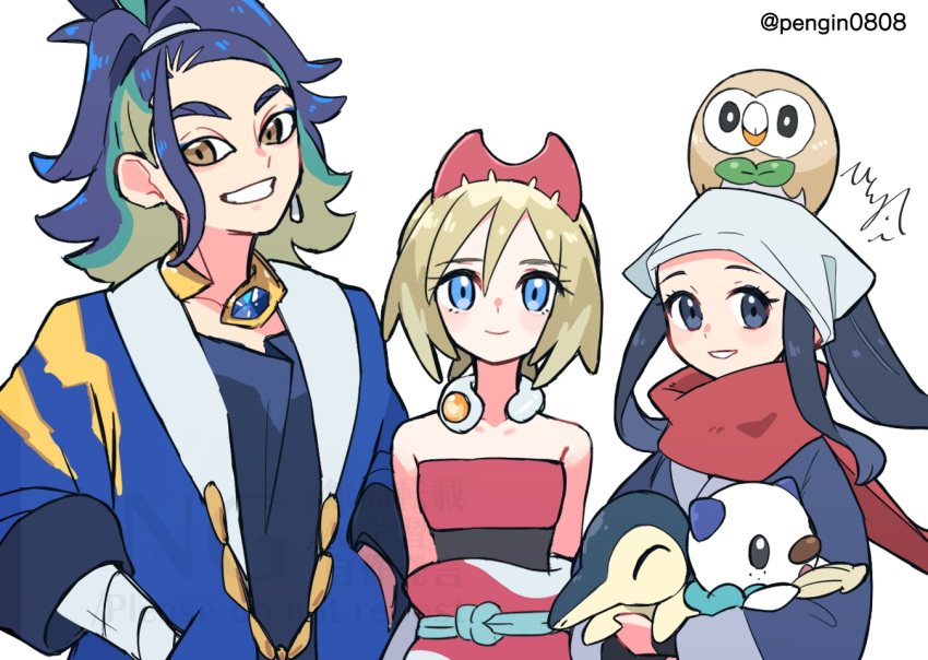 1boy, 2girls, adaman_(pokemon), akari_(pokemon), arm_wrap, bare_shoulders, bird, black_hair