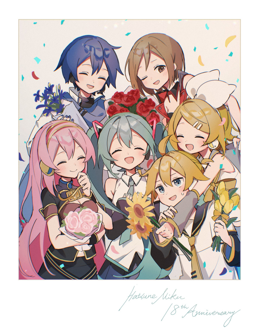 2boys, 4girls, :d, ^_^, absurdres, anniversary, aqua_hair, aqua_necktie, arm_warmers, bare_shoulders, black_sailor_collar, black_shirt, black_skirt, black_sleeves, blonde_hair, blue_eyes, blue_hair, blue_scarf, blush, border, bouquet, bow, brown_eyes, brown_hair, character_name, closed_eyes, coat, collared_shirt, confetti, crop_top, detached_sleeves, flower, grey_shirt, hair_bow, hair_ornament, hairband, hairclip, happy_birthday, hatsune_miku, hatsune_miku_(sp), headphones, headset, highres, holding, holding_bouquet, holding_flower, kagamine_len, kagamine_len_(sp), kagamine_rin, kagamine_rin_(sp), kaito, kaito_(sp), kaito_(vocaloid), long_hair, megurine_luka, megurine_luka_(sp), meiko, meiko_(sp), meiko_(vocaloid), midriff, multiple_boys, multiple_girls, neckerchief, necktie, one_eye_closed, open_mouth, pink_flower, pink_hair, pink_rose, ponytail, red_flower, red_rose, rose, sailor_collar, sazanami_(ripple1996), scarf, shirt, short_hair, short_ponytail, short_sleeves, skirt, sleeveless, sleeveless_shirt, smile, spiky_hair, sunflower, swept_bangs, twintails, very_long_hair, vocaloid, white_bow, white_coat, white_shirt, yellow_flower, yellow_neckerchief, yellow_necktie